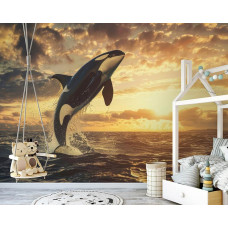 Een kinderkamer met een fotobehang van een orka die uit zee springt bij een zonsondergang.