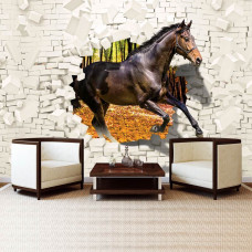 Een fotobehang met een 3D-illusie van een paard door een gebroken muur in een huiskamer.