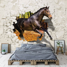 Een fotobehang met een 3D-illusie van een paard door een gebroken muur in een kindvriendelijke woonkamer.