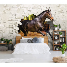 Een fotobehang met een 3D-illusie van een paard door een gebroken muur in een kinderkamer.