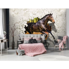 Een fotobehang met een 3D-illusie van een paard door een gebroken muur in een tienerslaapkamer.