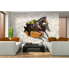 Een fotobehang met een 3D-illusie van een paard door een gebroken muur in een sfeervolle woonkamer.