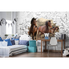 Fotobehang Paarden door de Muur 3D
