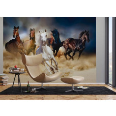 Fotobehang van een aantal paarden in die rennen door de woestijn in een moderne woonkamer.