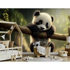 Fotobehang voor de kinderkamer met een schattige panda hangend aan een tak te midden van een bosrijke achtergrond.