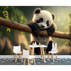 Schattig fotobehang voor de speelkamer met een panda hangend aan een tak te midden van een bosrijke achtergrond.