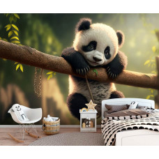 Schattig fotobehang voor kinderen, weergegeven in de kinderkamer met een panda hangend aan een tak te midden van een bosrijke achtergrond.