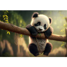 Schattig fotobehang voor de kinderkamer met een panda hangend aan een tak te midden van een bosrijke achtergrond.