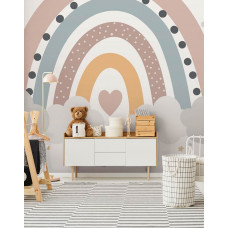 Fotobehang met een pastel regenboog in zachte kleuren. Perfect voor een lieve en rustige uitstraling in een babykamer.