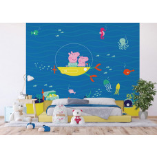 Een kinderkamer met een fotobehang met Peppa Pig en George die varen in hun onderzeeër diep onder water, omringd door kleurrijke vissen en zeedieren.