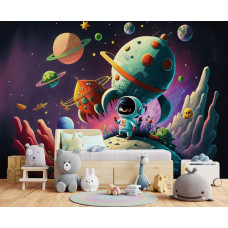 Een fotobehang van planeten en raketten in het heelal in een kinderkamer.