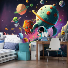 Een fotobehang van planeten en raketten in het heelal in een slaapkamer.