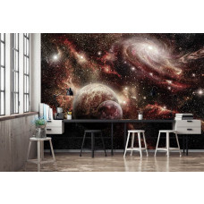 Een fotobehang met planeten en sterren in een futuristisch ontwerp, geschikt voor een kantoor.