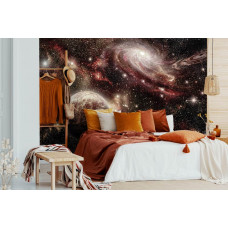 Een fotobehang met een kleurrijk sterrenstelsel vol planeten, ideaal voor een slaapkamer.