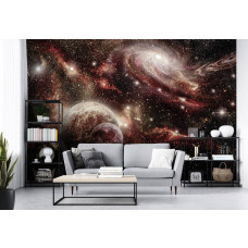 Een fotobehang met planeten en sterren in een kosmische omgeving, speciaal voor een woonkamer.