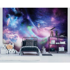 Een fotobehang met planeten en sterren in een galaxy-thema, speciaal voor een kinderkamer.