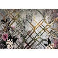 Fotobehang van planten met gouden ornamenten en bloemen, sierplanten in abstract design.