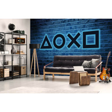 Een fotobehang van een Playstation neon-game in een gaming-themed ruimte.