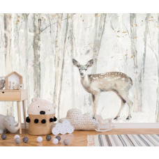 Een fotobehang van een ree in het bos met schilderij van kunst met hert en bomen in de meisjeskamer in de kinderkamer.