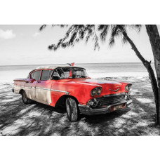 Retro auto in Cuba, geparkeerd langs een strand met palmbomen en helderblauwe zee, fotobehang voor een nostalgische sfeer.