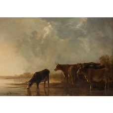 Fotobehang met een idyllisch rivierlandschap en grazende koeien, geïnspireerd op het meesterwerk van Aelbert Cuyp uit ca. 1650.