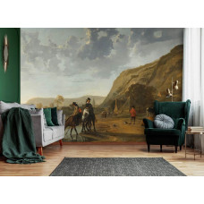 Een woonkamer met fotobehang met een weids rivierlandschap aan de Waal bij Nijmegen, met twee ruiters die hun paarden drenken en een herder met zijn rustende kudde, geïnspireerd op Aelbert Cuyp’s meesterwerk.