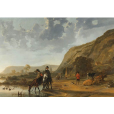 Fotobehang met een weids rivierlandschap aan de Waal bij Nijmegen, met twee ruiters die hun paarden drenken en een herder met zijn rustende kudde, geïnspireerd op Aelbert Cuyp’s meesterwerk.