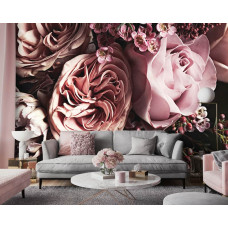 Een elegant fotobehang met een roze boeket bloemen, ideaal voor een slaapkamer of woonkamer.