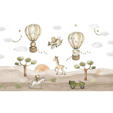  leeuw en olifant in een luchtballon tussen wolken en slingers, met zebra, aap en giraffe op de savanne bij zonsondergang.