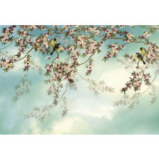 Sakura bloemen aan bomen, weergegeven in een abstract kunstwerk, creëren een serene en natuurlijke sfeer in dit fotobehang.