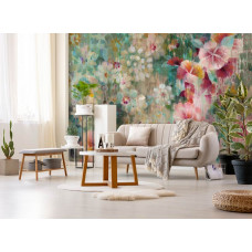 Een fotobehang van schilderachtige bloemenpracht in kunststijl met bloemen in de woonkamer.