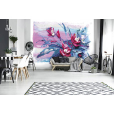 Een fotobehang van bloemen als abstract schilderij, ideaal voor een woonkamer.