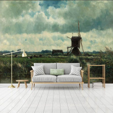 Een schilderij fotobehang van de molen in een landschapsontwerp voor de woonkamer.