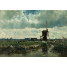 Fotobehang van een geschilderde molen met landschap, rustiek en traditioneel.