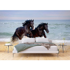 Een fotobehang van Shire-paarden die langs het strand galopperen, met de oceaan op de achtergrond, te zien in een slaapkamer.