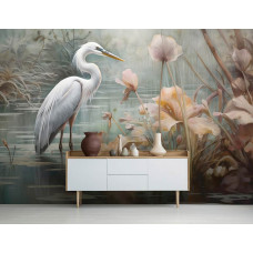 Een fotobehang met een sierlijke reiger in een meer met bloemen in de woonkamer.