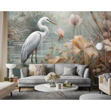 Een fotobehang met een sierlijke reiger in een meer met bloemen in de woonkamer.