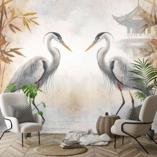 Fotobehang met sierlijke reigers, rode bladeren en een Japans huisje, die samen zorgen voor een elegante en rustgevende uitstraling in een woonkamer.