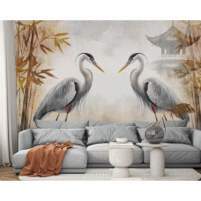 Een woonkamer met een fotobehang met sierlijke reigers, rode bladeren en een Japans huisje, die samen zorgen voor een elegante en rustgevende uitstraling in elke ruimte.