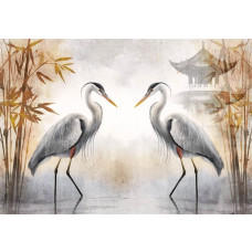 Fotobehang met sierlijke reigers, rode bladeren en een Japans huisje, die samen zorgen voor een elegante en rustgevende uitstraling in elke ruimte.