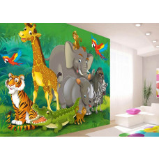 Een stijlvolle kinderkamer met een fotobehang met speelse dieren uit de jungle zoals een olifant, giraffe, neushoorn, zebra, tijger en een krokodil.