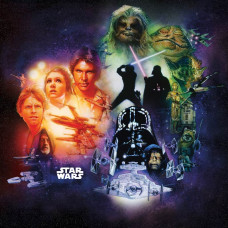 Star Wars classic poster collage, met alle iconische figuren van de saga, ideaal voor fans.