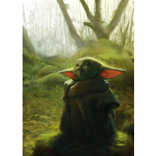 Mandalorian en Grogu (Baby Yoda) op een artistiek acryl fotobehang, met levendige kleuren en een galactische achtergrond.