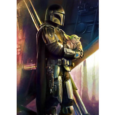 The Mandalorian Savior fotobehang toont de Mandalorian die Grogu redt, met een dramatische hemel vol sterren op de achtergrond.