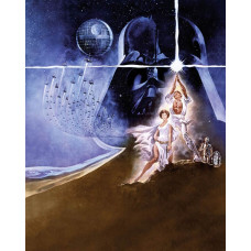 Klassieke Star Wars poster met iconische scènes en personages, zoals Luke Skywalker, Princess Leia, en Darth Vader.