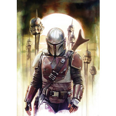 The Mandalorian Impaler fotobehang, met een actievolle scène van de Mandalorian die zich een weg baant door vijandige troepen.