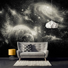 Een fotobehang met sterren en planeten in een ruimtethema, perfect voor een slaapkamer en woonkamer.