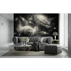 Een fotobehang met een galactisch universum vol sterren en planeten, geschikt voor een woonkamer.