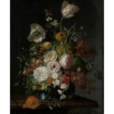 Fotobehang van een stilleven met bloemen in een glazen vaas, Rachel Ruysch, Rijksmuseum.