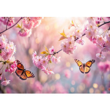 Een prachtig fotobehang met stralende roze kersenbloesems en sierlijk fladderende vlinders in de lente, tegen een zachte, rustige achtergrond.